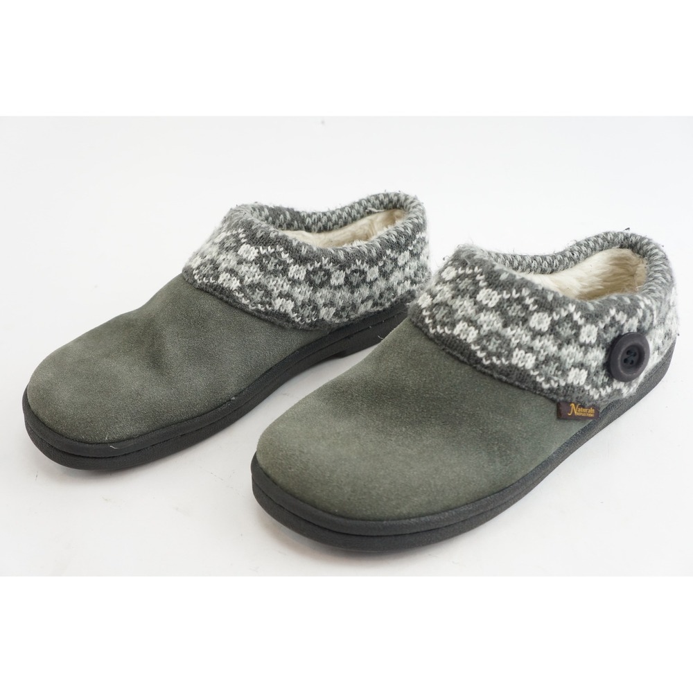 Natural Reflections Slippers Size 8 Gray Suede Knit Collar‎ Faux Fur GC
